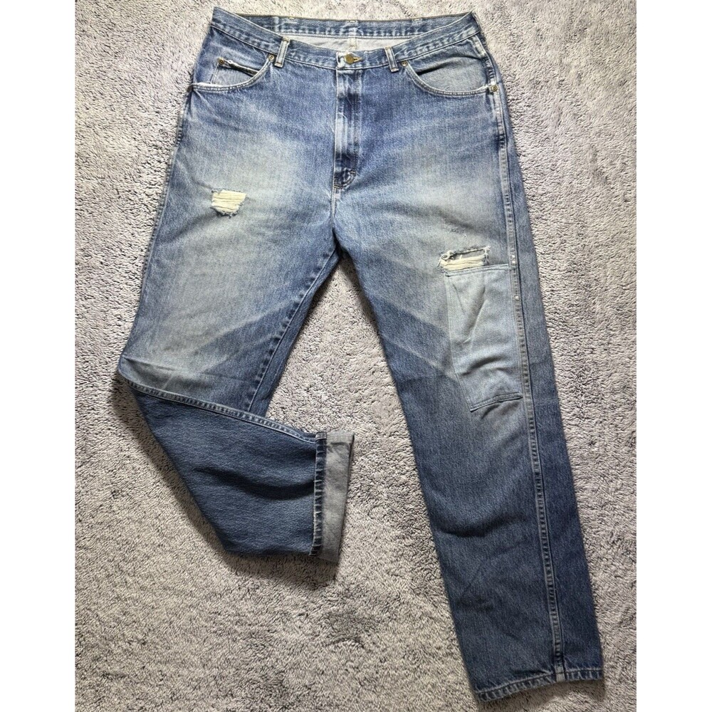 VTG Wrangler Jeans‎ 35x32 Distressed Patch Faded Whiskered Grunge Workwear Denim